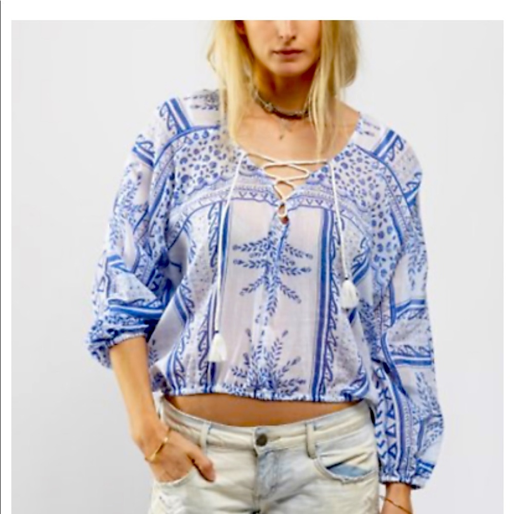 Free People Geometric Flowy Gauze Semi Sheer Boho Dolman Batwing Rope Tie Top XS